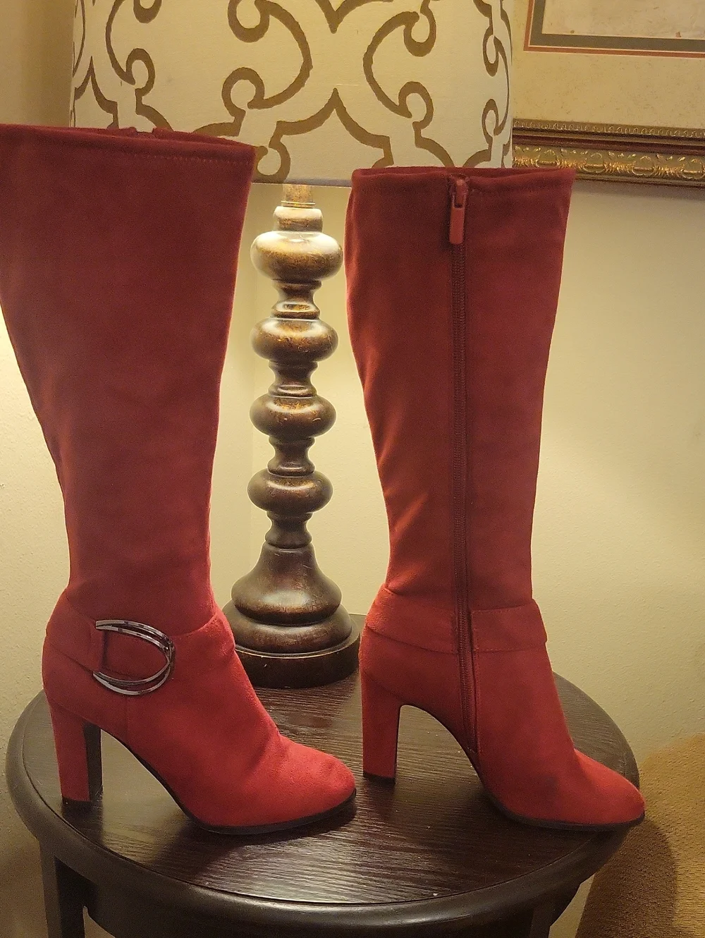 Impo Red Over-the-Knee Suede Boots with Buckle Detail